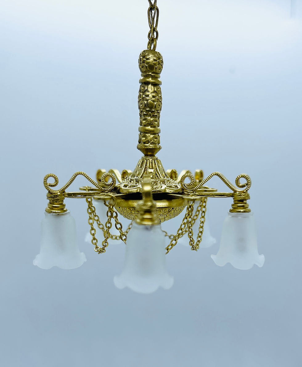 Thumbnail: Dollhouse miniature 5 light crystal brass chandelier 