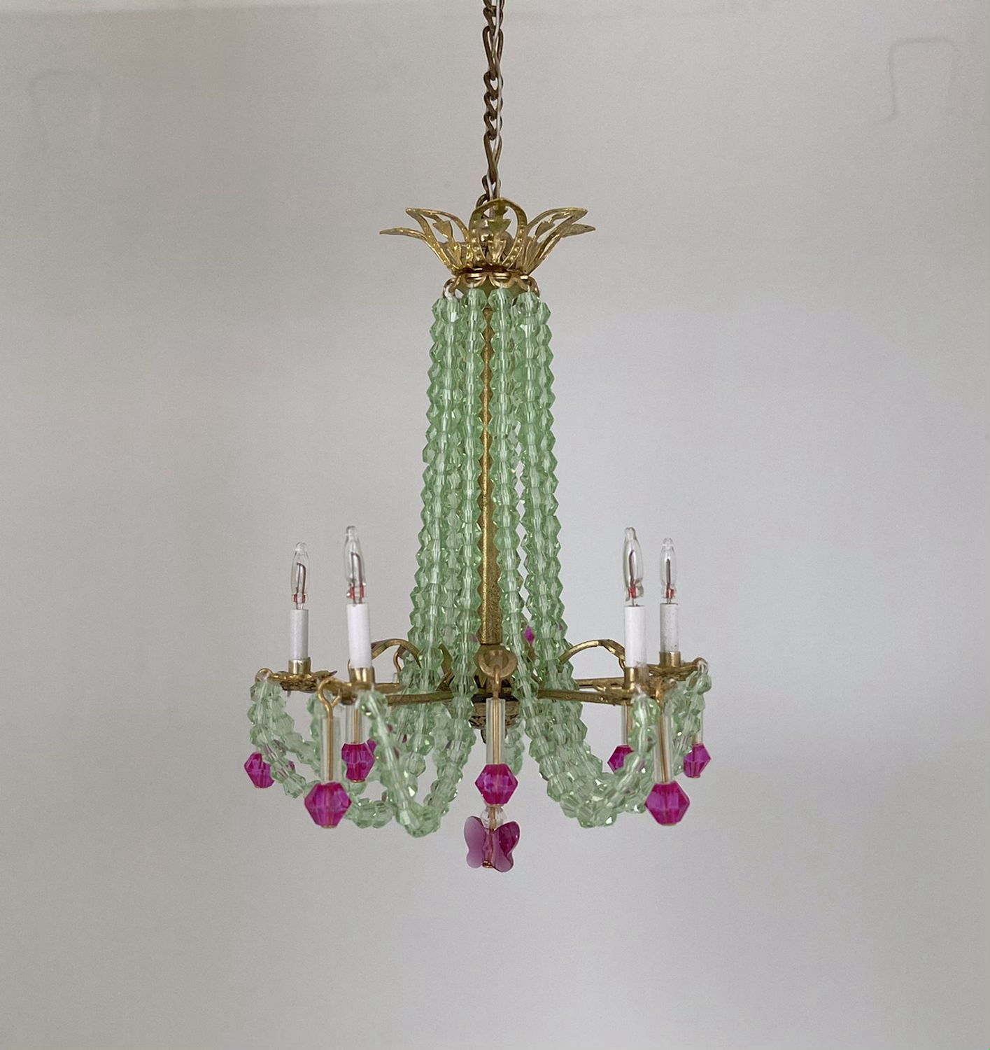 Dollhouse miniature crystal chandelier with pink accents