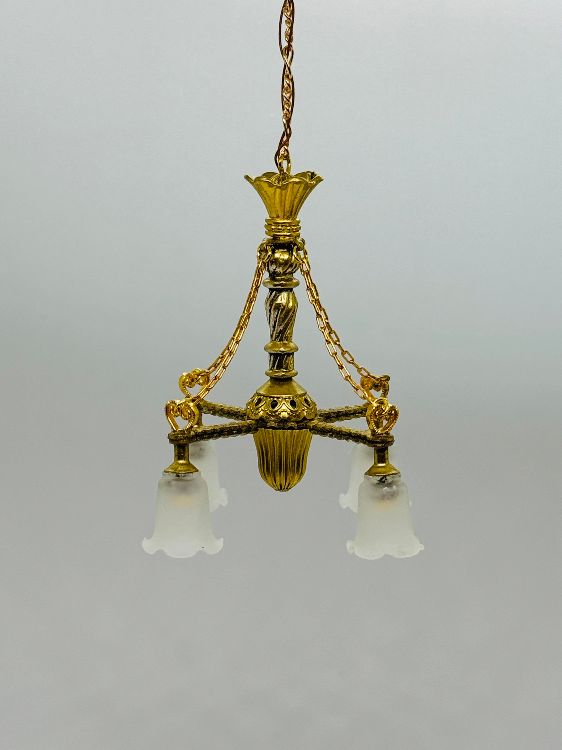 Dollhouse miniature 4 light brass chandelier with floral cups and ornate details