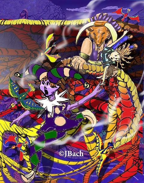 Minotaur pulling on the rope edge of the bridge section the jester and Athene are on.  Their faces are in terror.  Birds swirling.