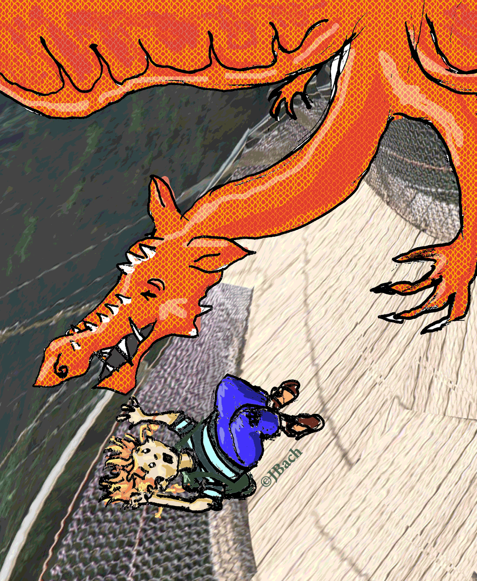 The bridge is now the opposite 45 degrees. Athene still in same position but her hair is standing on end and the dragon is farther across the bridge. It animates where the dragon is turning to mist.