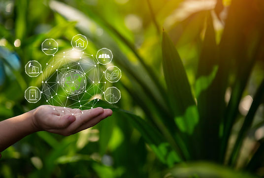 Technology, hand holding with environment Icons over the Network connection on green backg