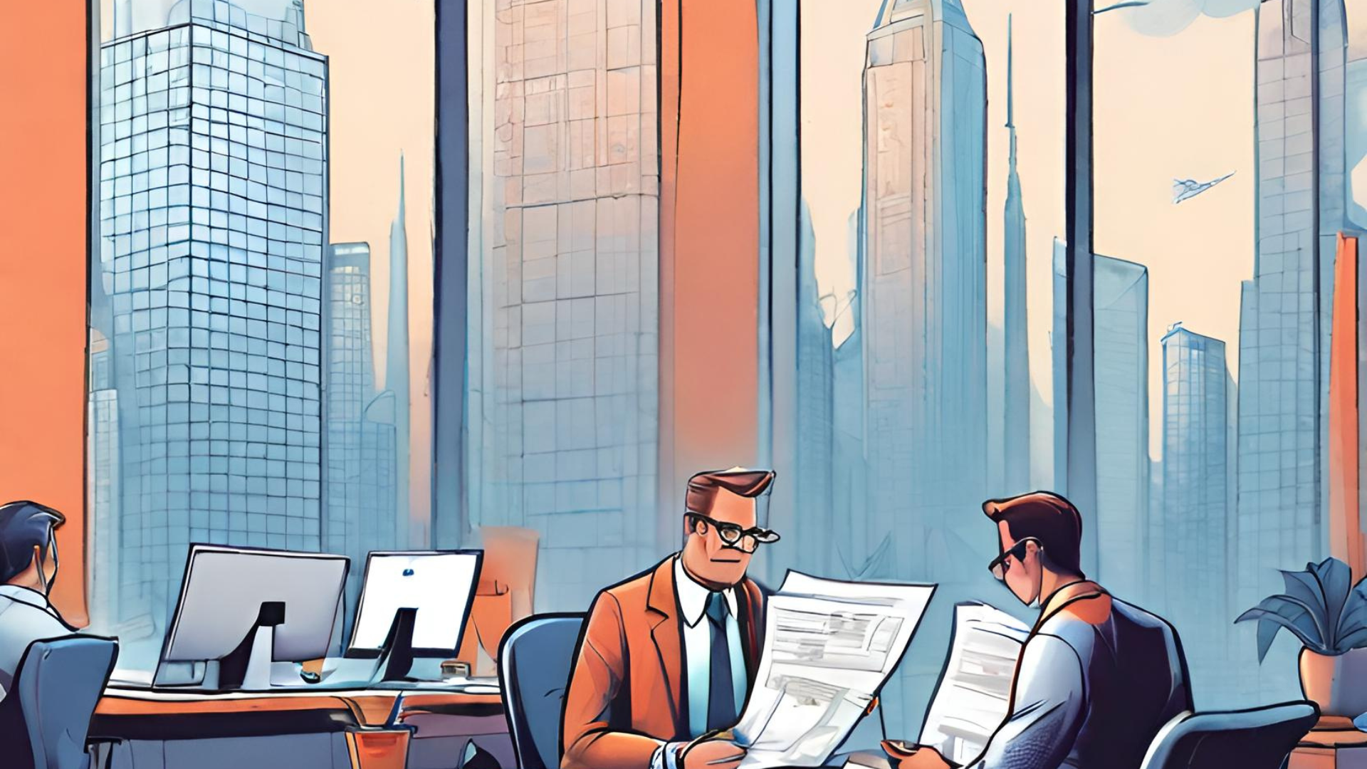 Pastel illustration of a financial consultation against a city skyline