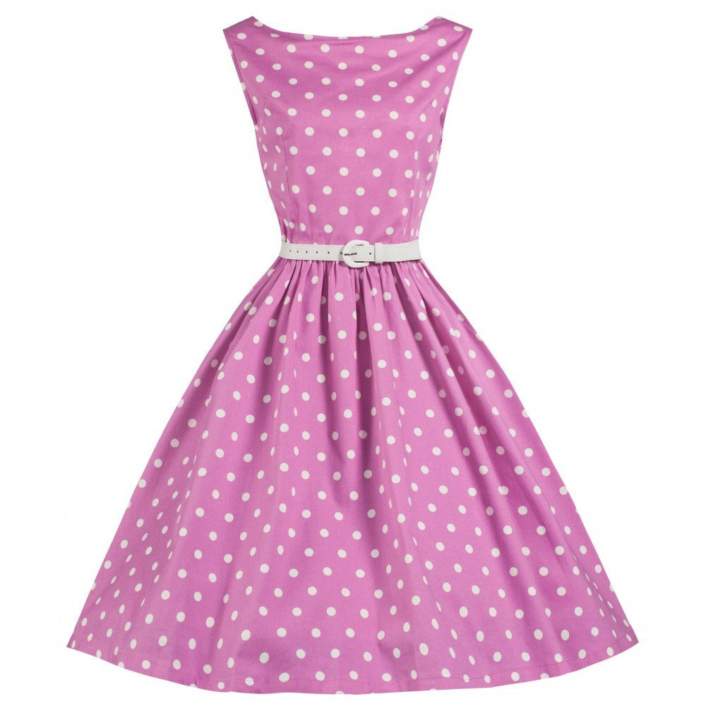 Lindy Bop ružové bodkované bavlnené retro šaty Sandy s opaskom