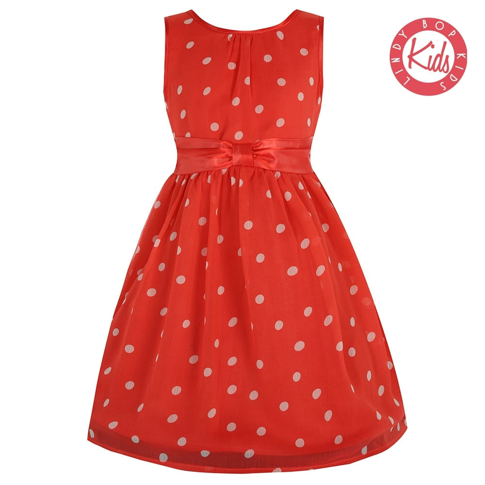 Lindy Bop detské bodkované retro šaty Candy s mašľou v koralovej farbe.