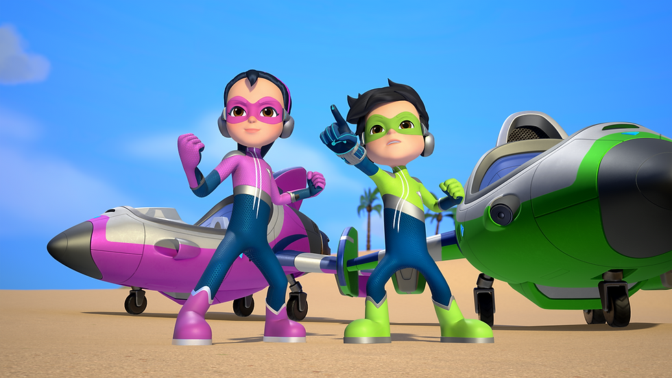 A CG-animated boy and girl stand in front of their jets in a ready position.