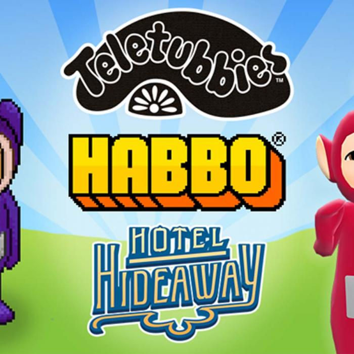 Teletubbies, Habbo, Hotel Hideaway logos on a blue and green background