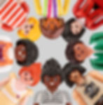 Small toy people smile at the camera in a circle.