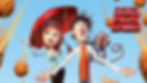 A woman holding a red umbrella, a man in a white shirt with a monkey on his shoulders, meatballs falling from the sky