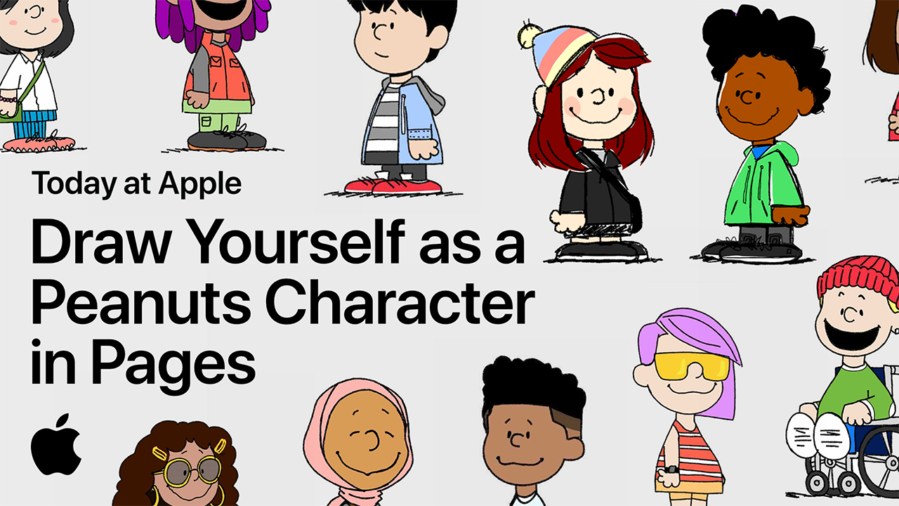 "Draw Yourself as a Peanuts Character in Pages" text and apple logo surrounded by drawings of children