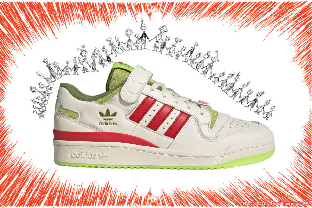 A white adidas sneaker with red and green accents is surrounded by line drawings of creatures holding hands.