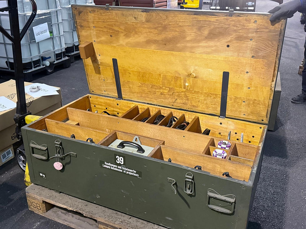 Miniature : Militär-Holz-Gerätekiste mit Arbeitslampen, Kabeln und Zubehör, LIQ00035