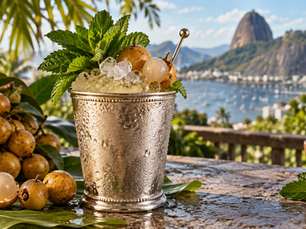 Julep de pitomba com gelo triturado e hortelã