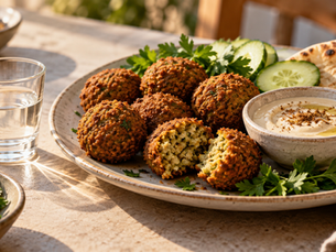 Falafel com molho de tahine, pepino e pequena taça de cachaça