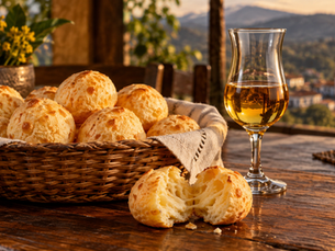 Pães de queijo quentes ao lado de uma pequena taça de cachaça