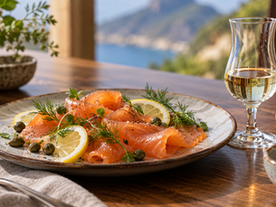Salmão defumado servido com pequena taça de cachaça