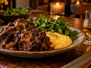 Rabada com polenta, agrião e taça de cachaça