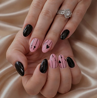 two hands show a fresh manicure with black and pink nail art under a shellac coating