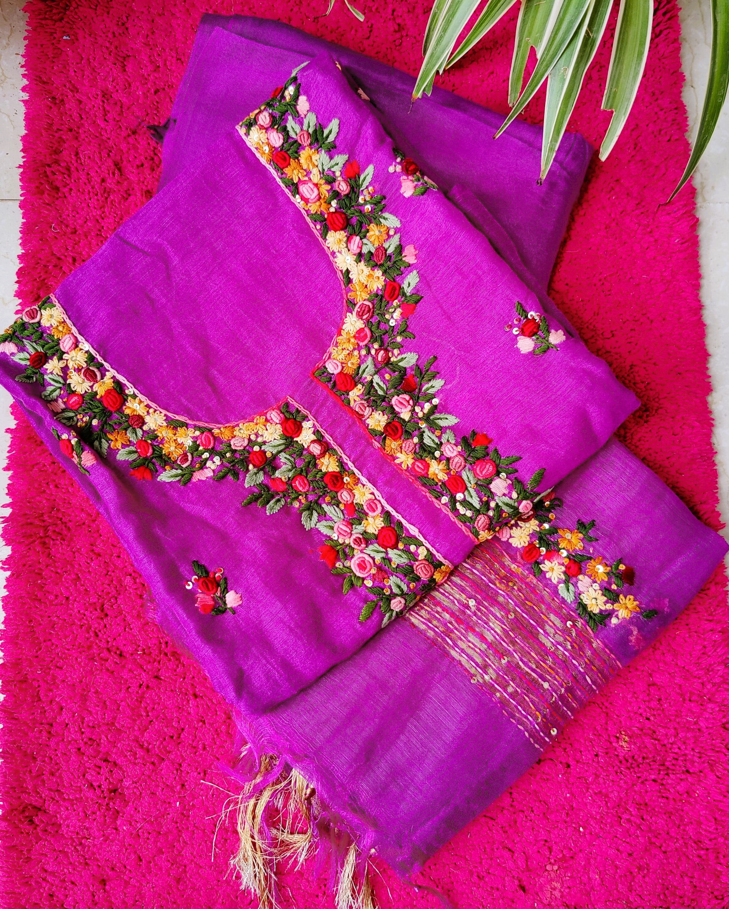 Hand embroidered Purple Linen Suit Set