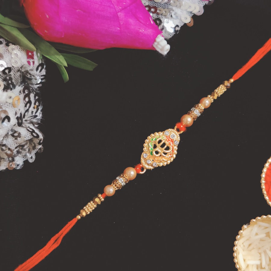 Ik Onkar Pendant Rakhi with Pearl Beads