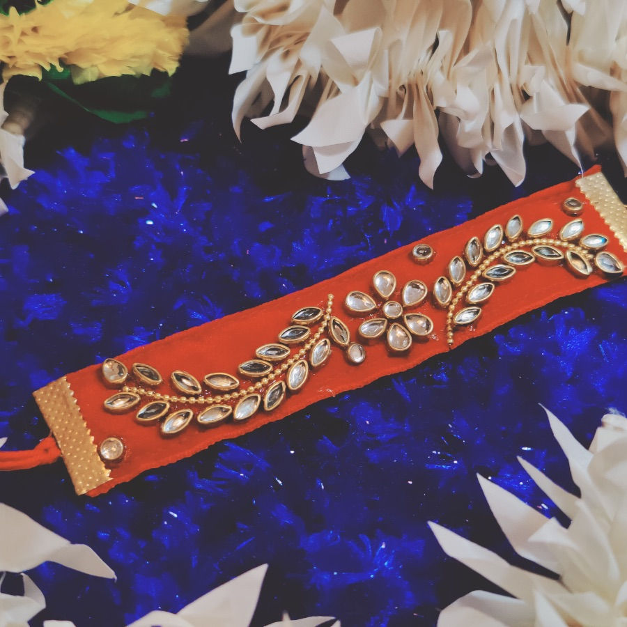 Thumbnail: Kundan Work Red Velvet Rakhi