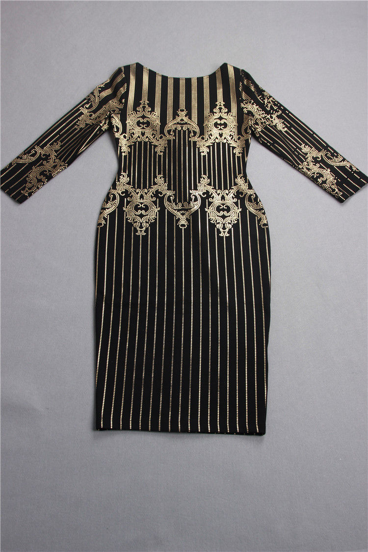 Thumbnail: Spring Women's Long-Sleeved Hot Gold Slit Zipper Prom Club Bodycon Dress