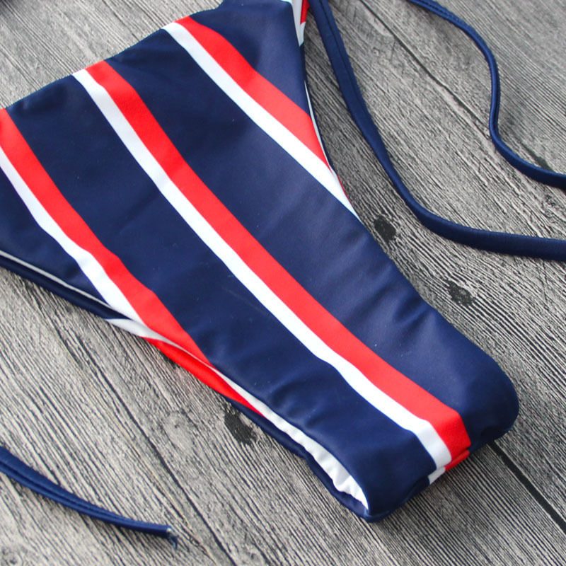 Thumbnail: Halter Push Up Striped Tie Waist Padded Women Bikini Set