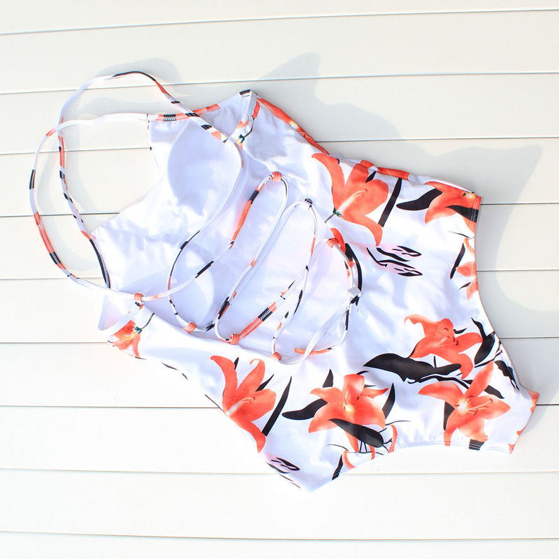 Thumbnail: 2018 One Piece Swimsuit Women Leaf Printed Swimwear Crochet Bandage Bathing Suit