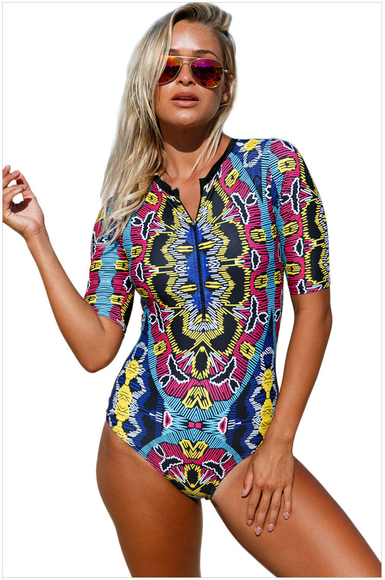 Thumbnail: Summer Leaves Print Zip Front Half Sleeve One Piece Swimsuit Swimwear Bodysuit