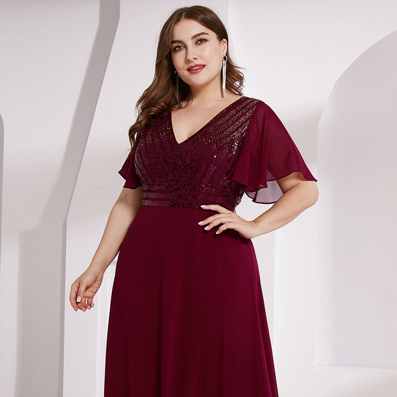 Thumbnail: Plus Size Summer Double V-neck Chiffon Sequins Wedding Party Prom Club Dress