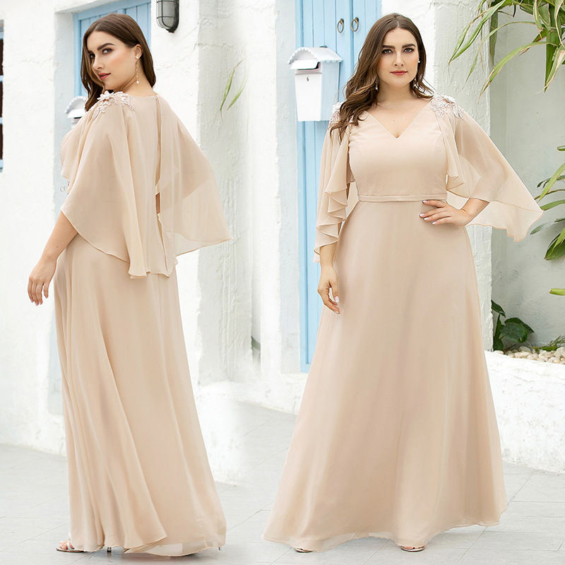 Thumbnail: Summer V-neck Chiffon Applique Puff Sleeves Wedding Party Prom Club Dress