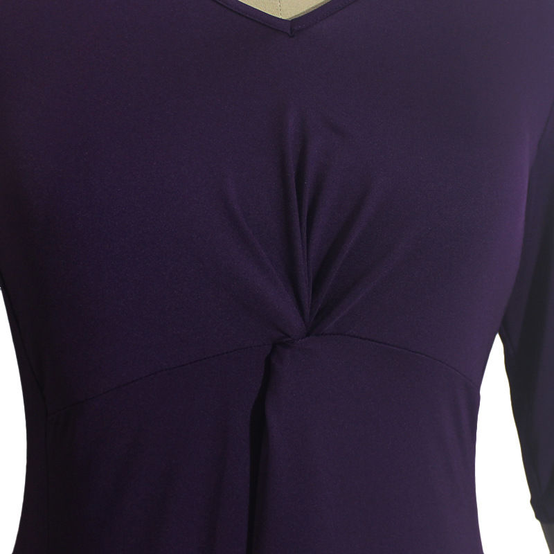 Thumbnail: Womens 3/4 Sleeve Green Purple V-Neck Elegance Plus Size Midi Vintage Dress