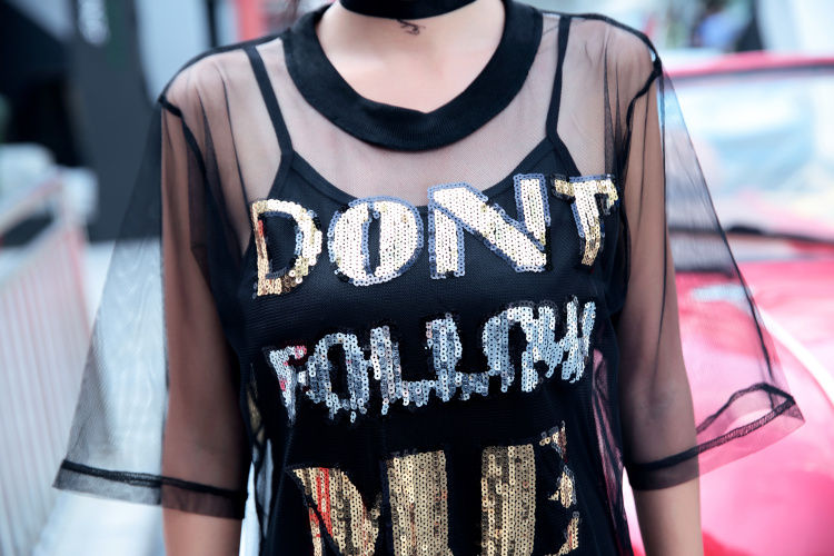 Thumbnail: Street Fashion Plus Size 3D Heavy Sequins Mesh Short-sleeved T-Shirt