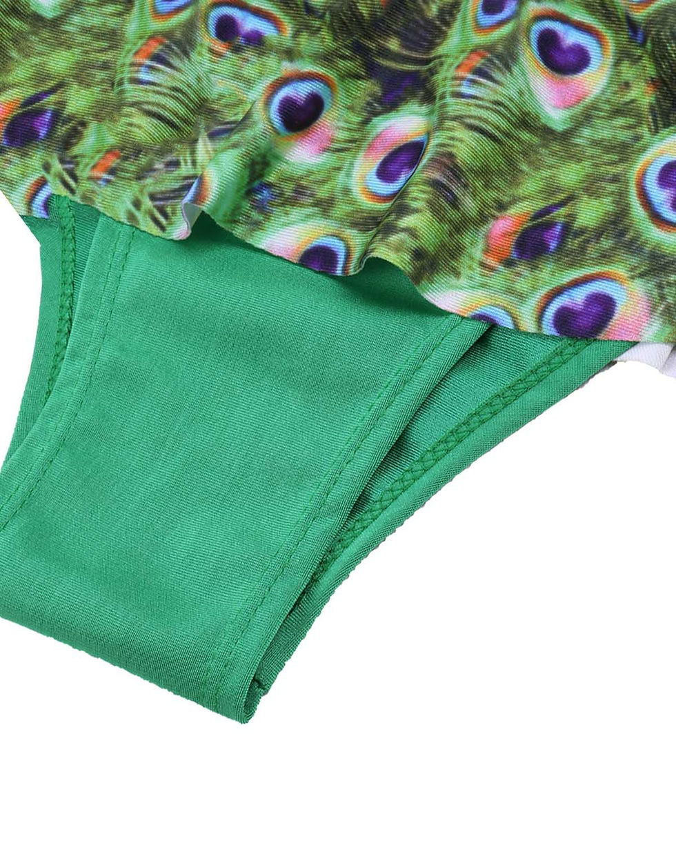 Thumbnail: Women Feather Print Bikini Set Ruffle Trim Low Waist Brief Cut
