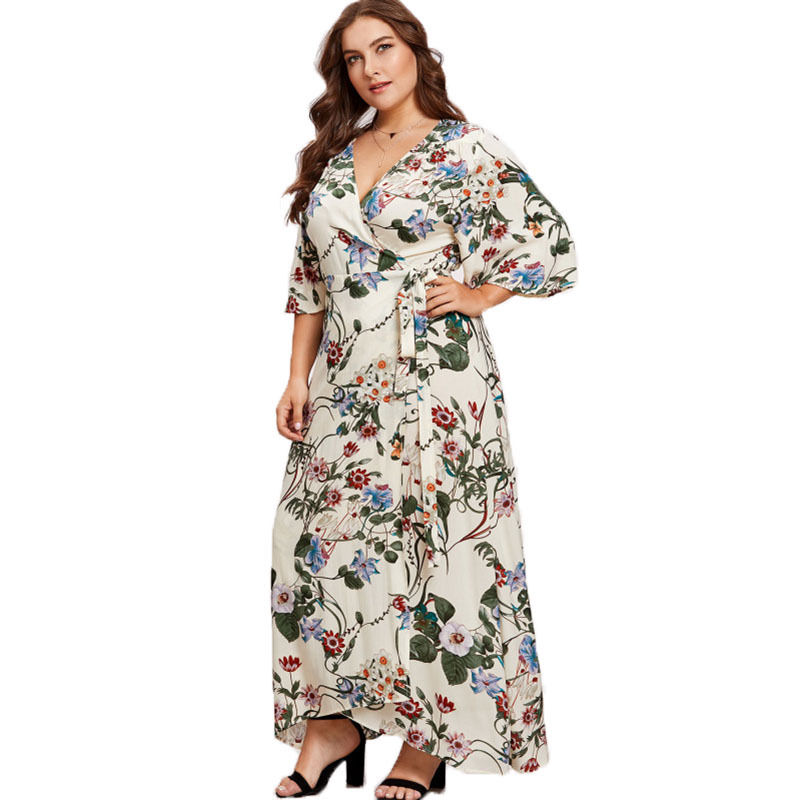 Thumbnail: Plus Size Floral Print V-neck Half Sleeve Loose Elegant Maxi Long Dress