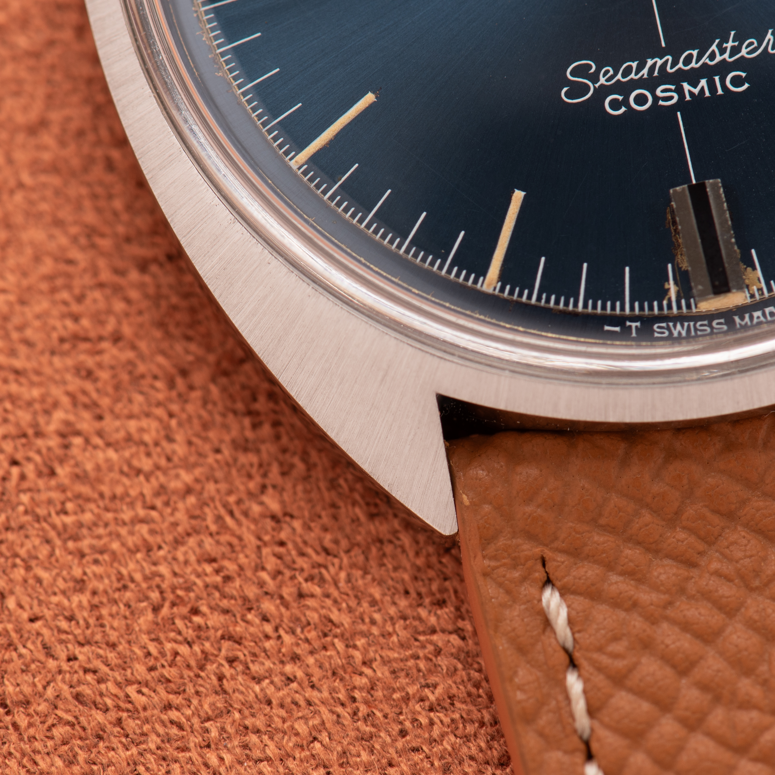 View of Omega Seamaster Cosmic Blue Crosshair Dial Date Ref 136.017SP from 1969