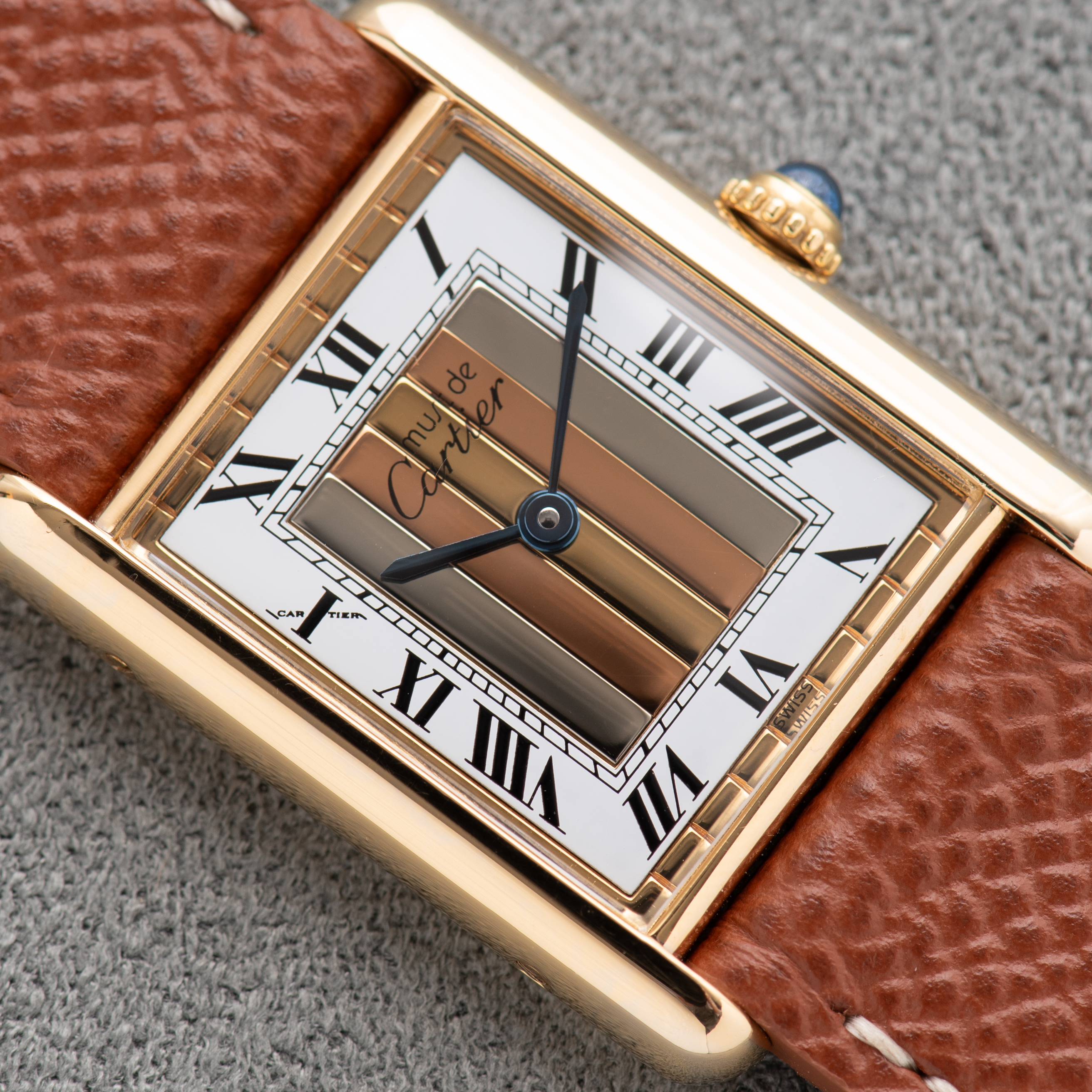 View of Cartier Tank De Must Vermeil GM Trinity dial from 1980-90