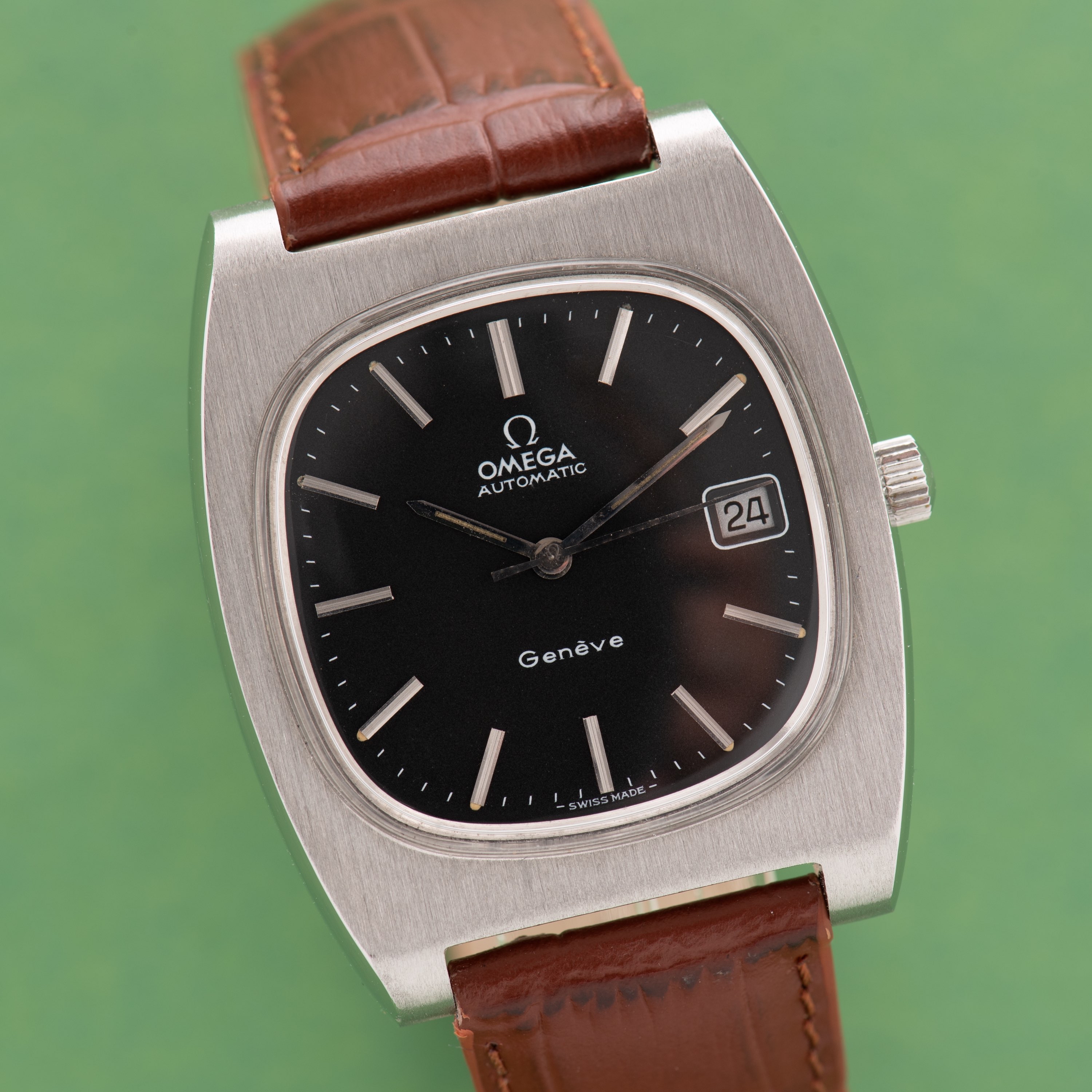 View of Omega Genève Automatic Date Square TV black dial ref 166.0190 from 1973