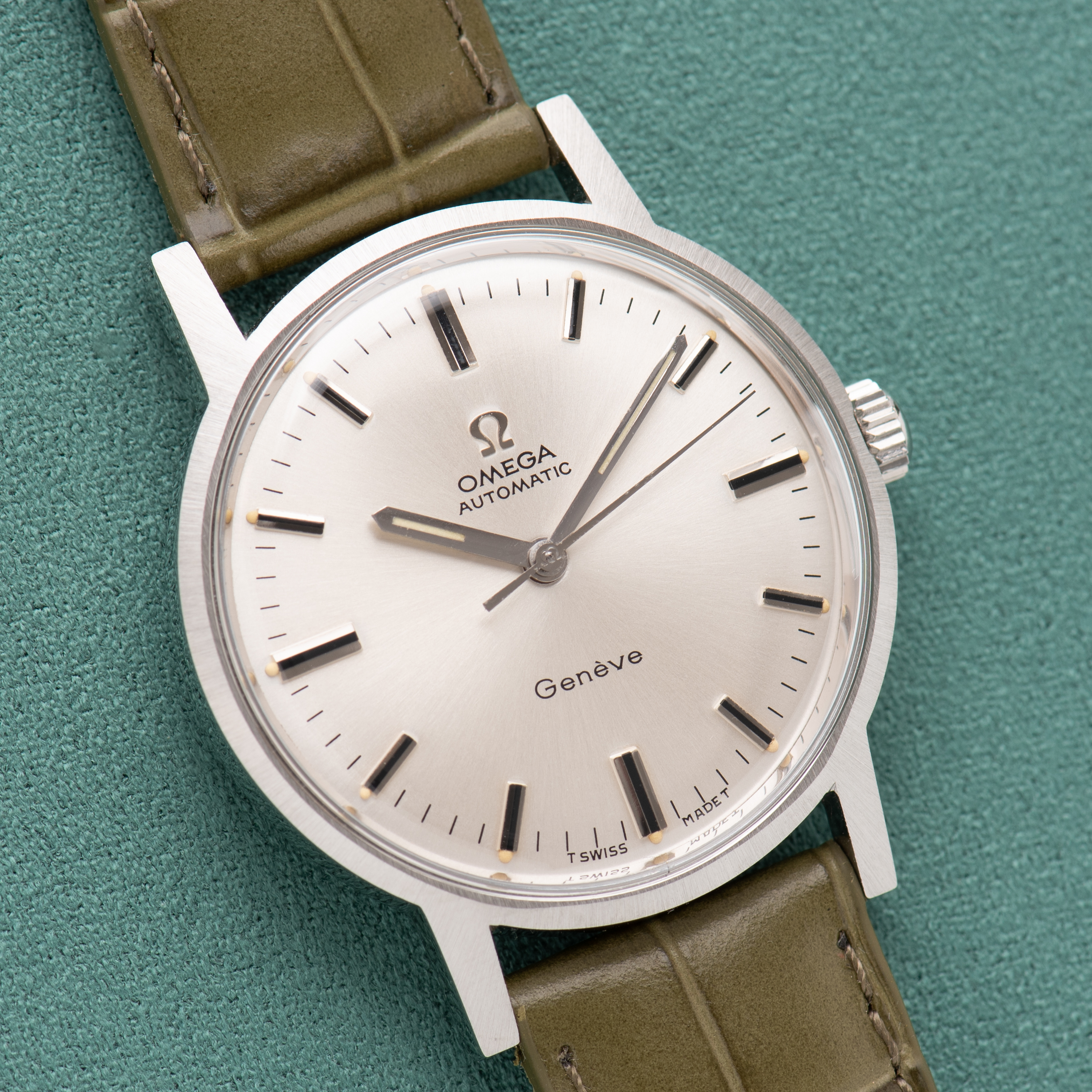 View of Omega Automatic Genève Silver Dial Ref 165.070 from 1969