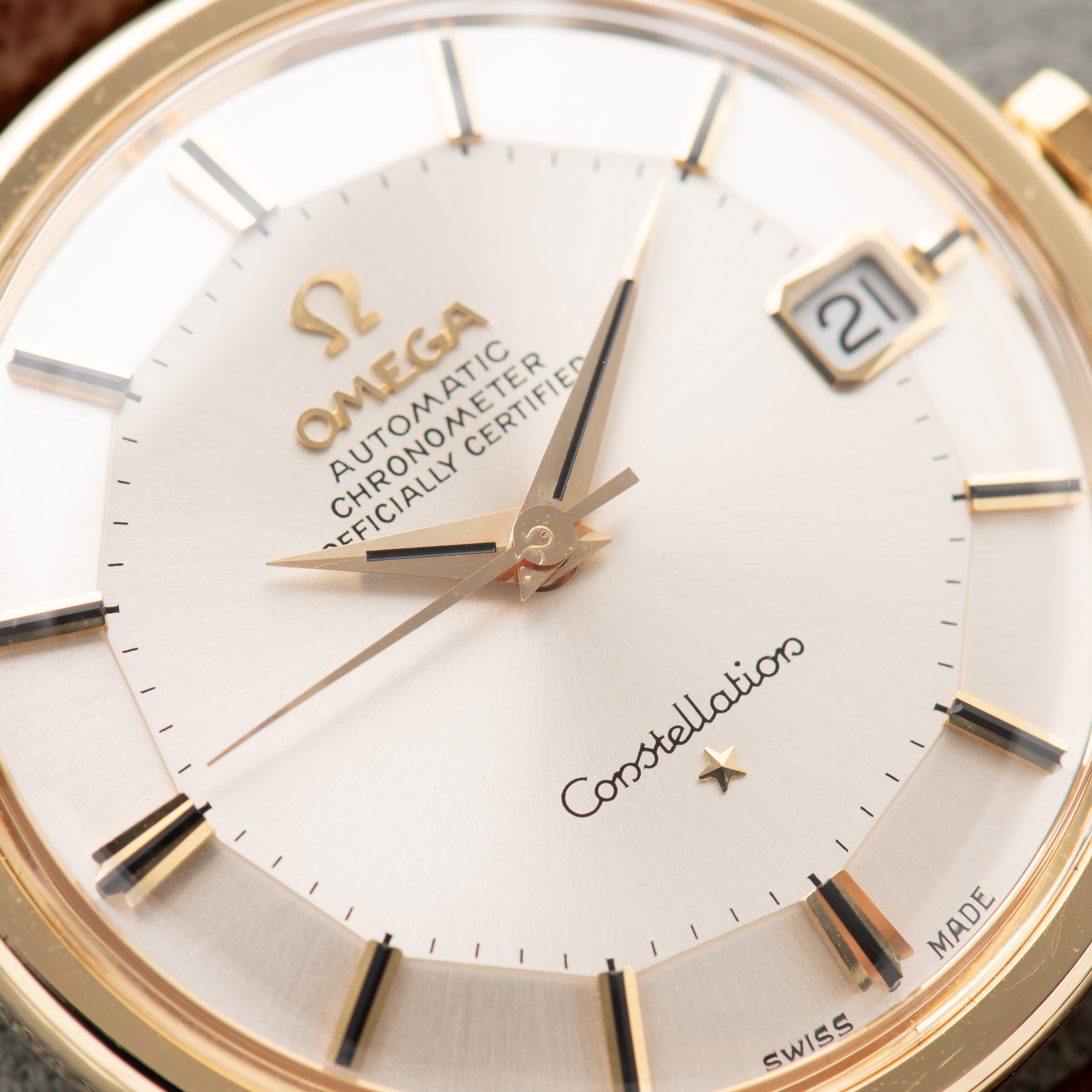 View of Omega Constellation Pie Pan 18K Gold 18K Automatic from 1967 ref 168.005