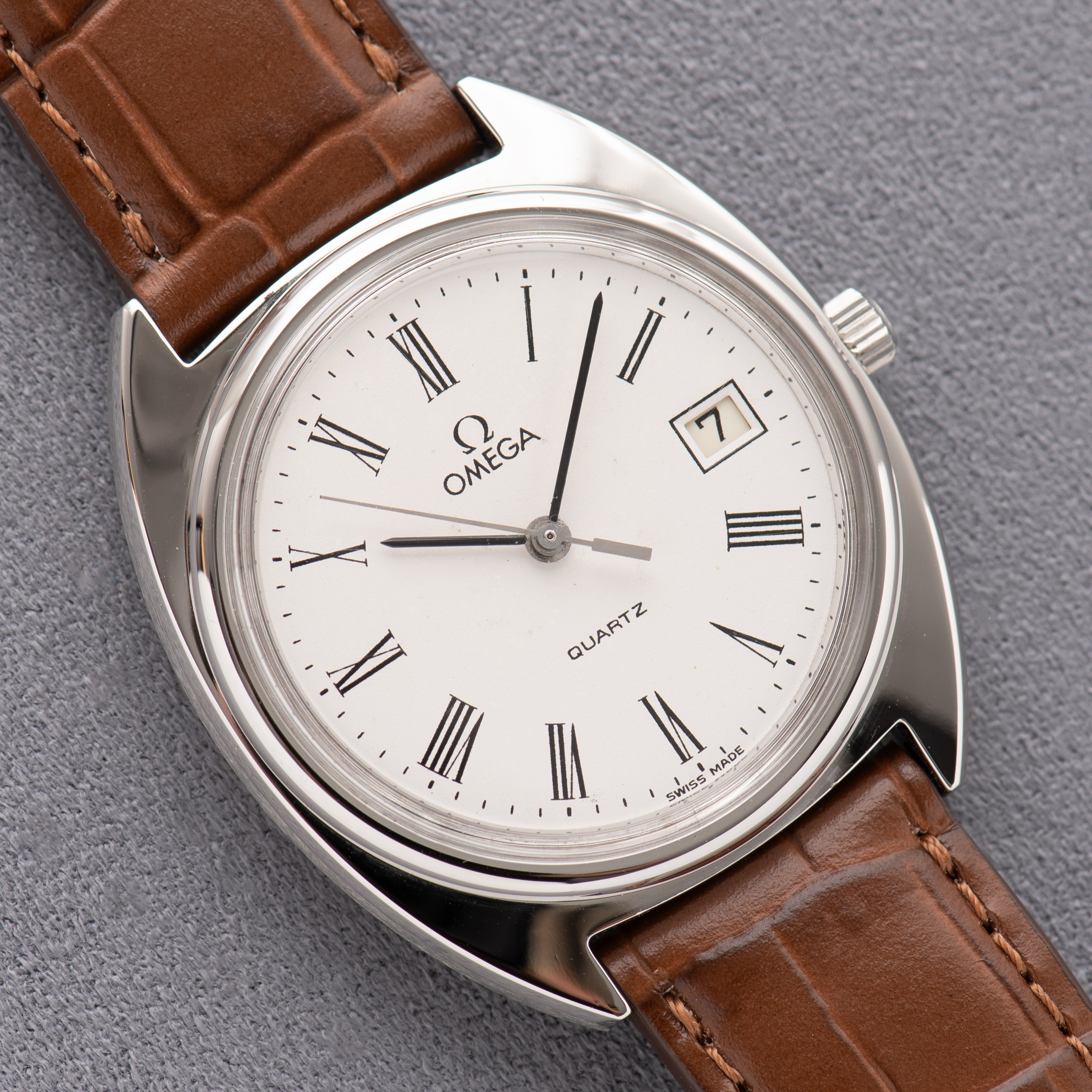 View of Omega Quartz White Roman Dial Ref 196.0121 from 1979