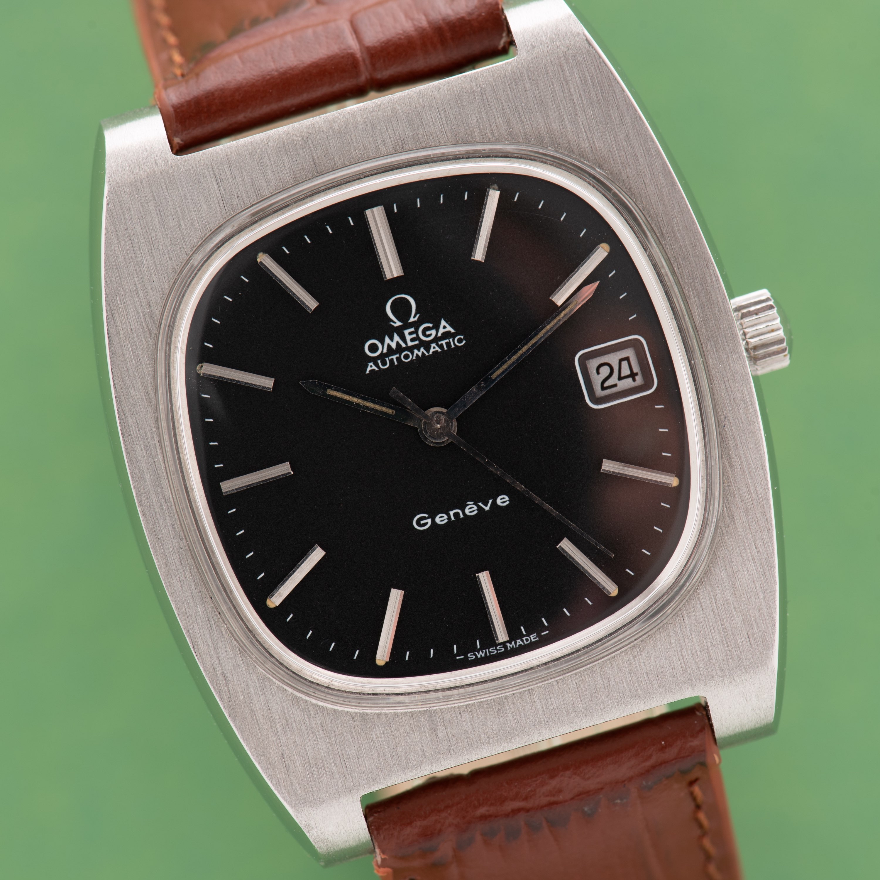View of Omega Genève Automatic Date Square TV black dial ref 166.0190 from 1973