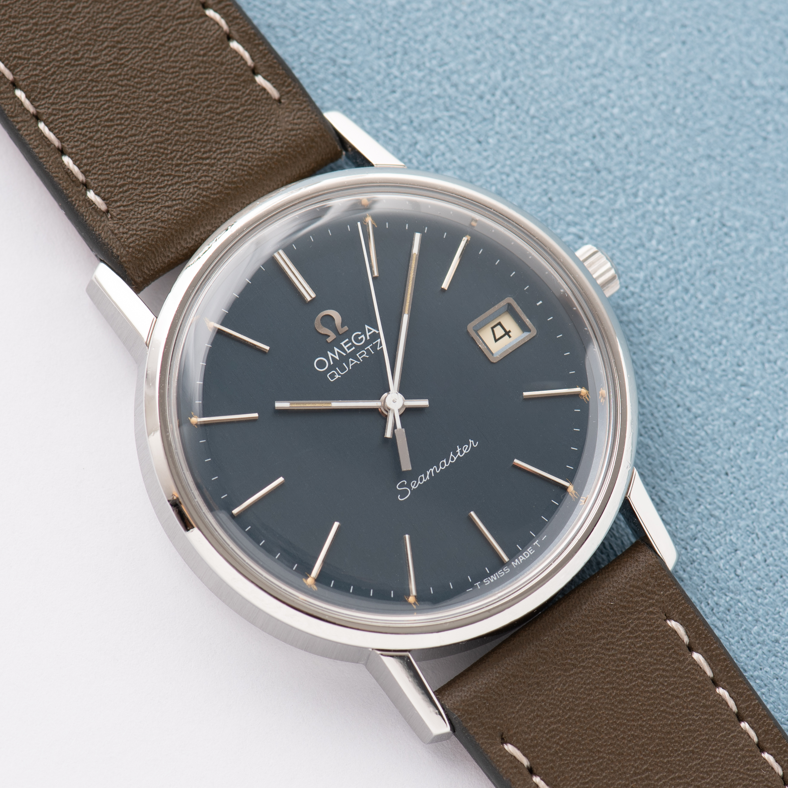 View of Omega Quartz Seamaster Date Blue Dial ref 196.0079 cal 1342 from 1977
