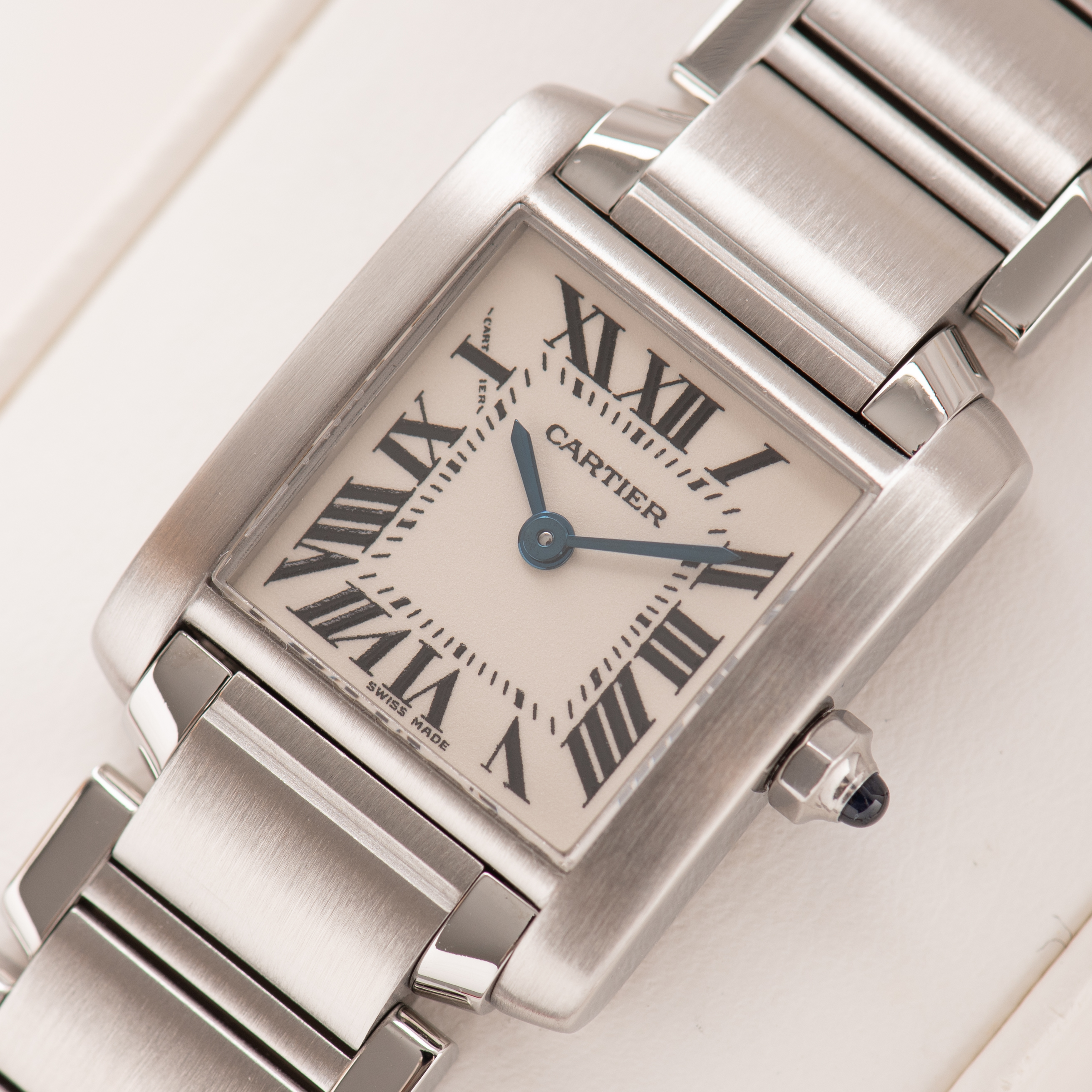 View of Cartier Tank Française SM Roman Dial Réf 2384 Full Set from 2000