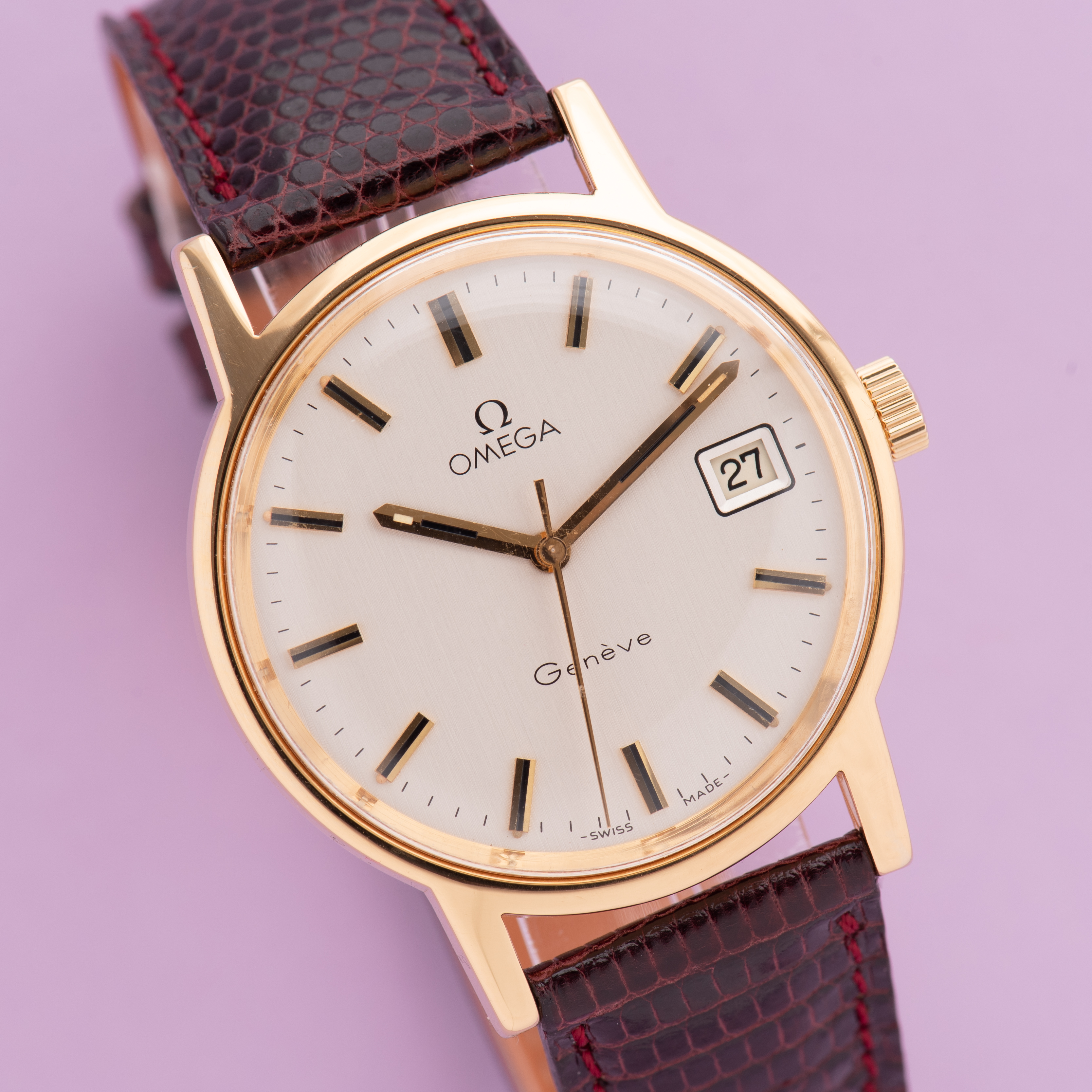 View of Omega Geneva Date Silver linen dial ref 136.0104 from 1974