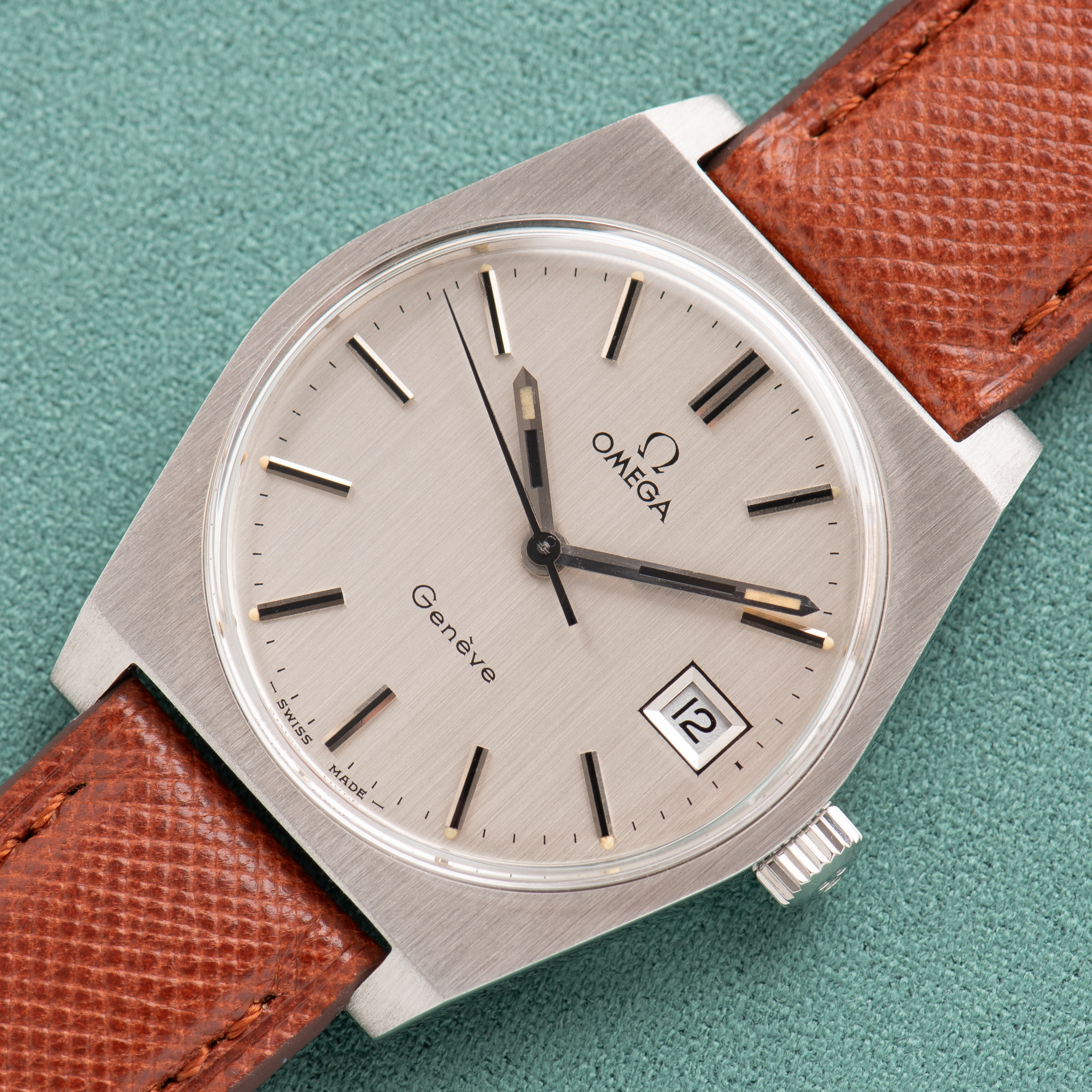 View of Omega Geneva Date Silver Dial Ref 136.0049 from 1969