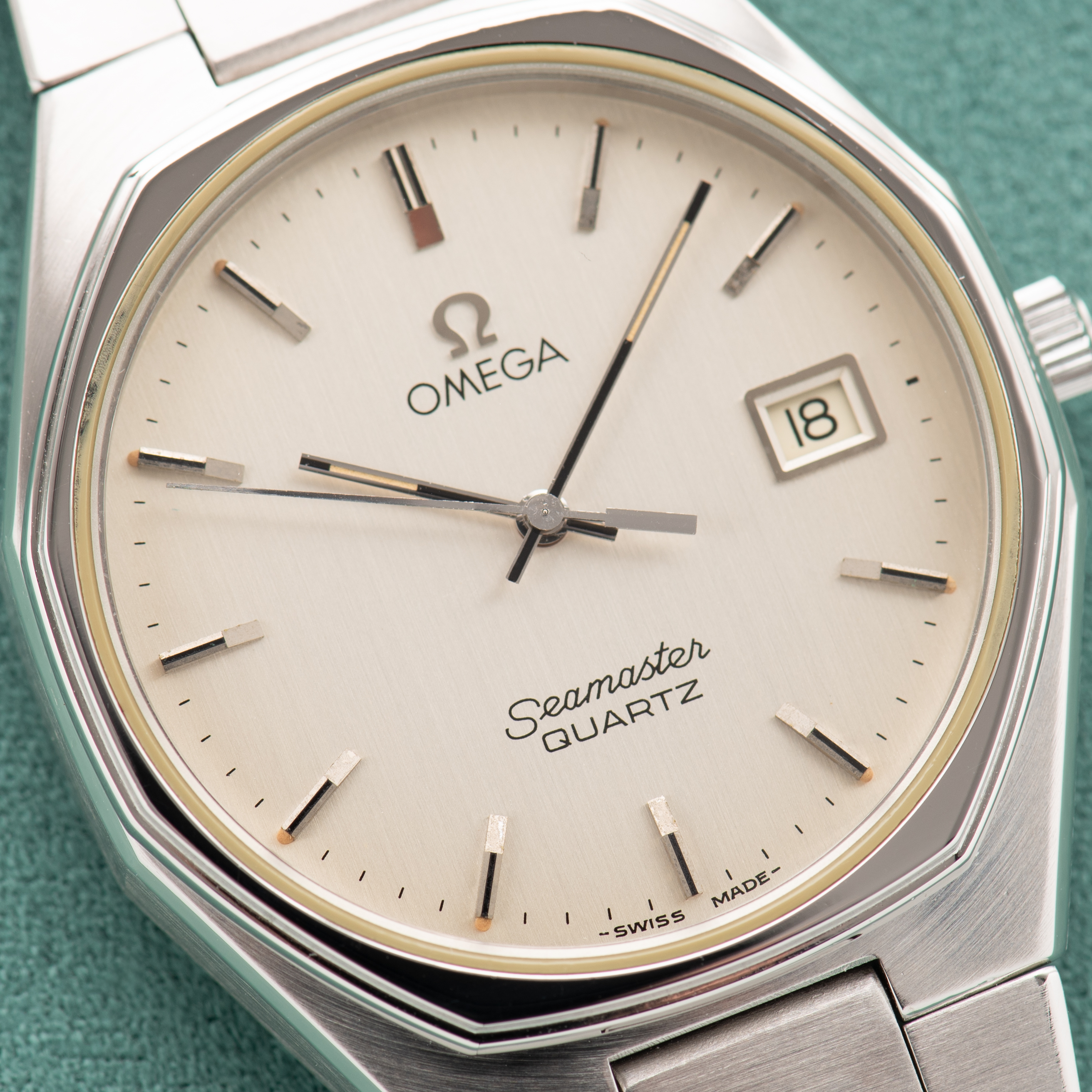 View of Omega Seamaster Quartz Silver/Creme Dial Ref 196.0128 from 1979