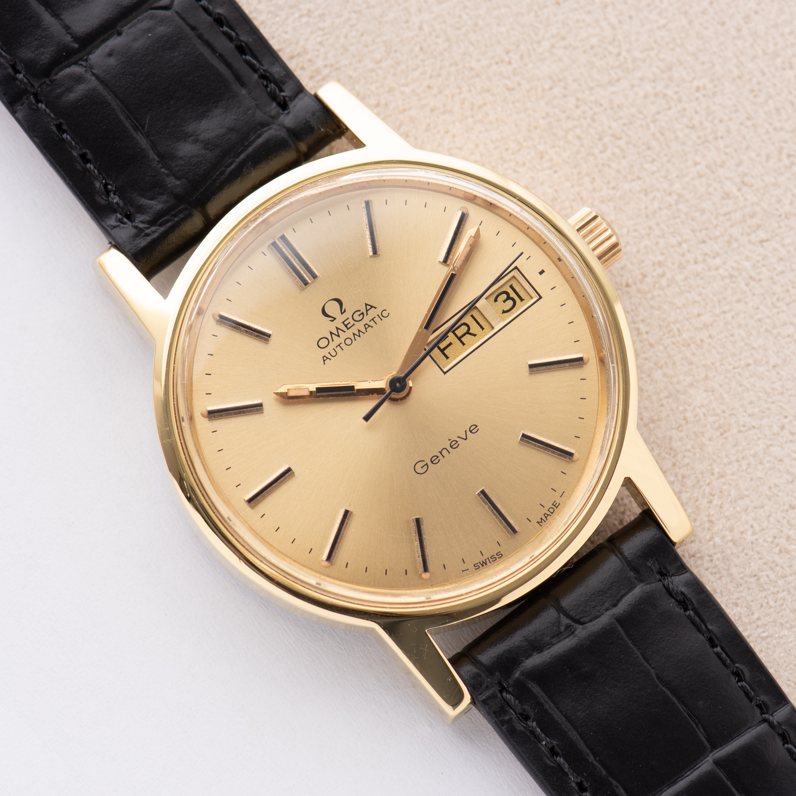 View of Omega Automatic Genève Gold Plated Day-Date From 1973 Ref 166.0117