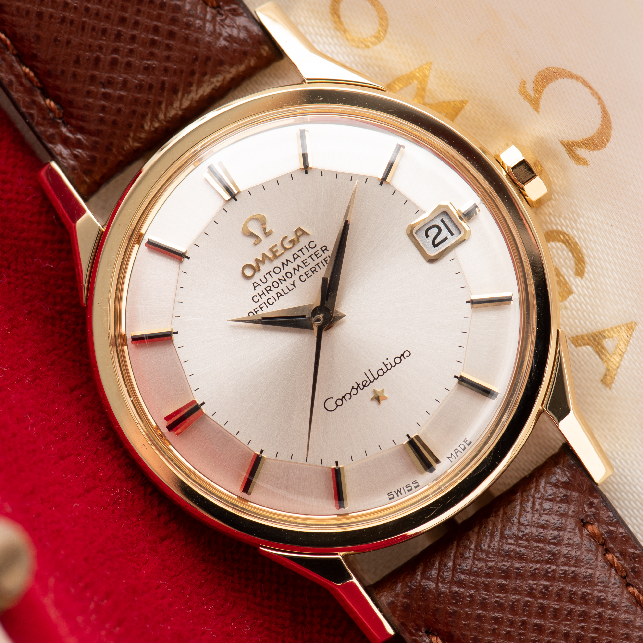 View of Omega Constellation Pie Pan 18K Gold 18K Automatic from 1967 ref 168.005