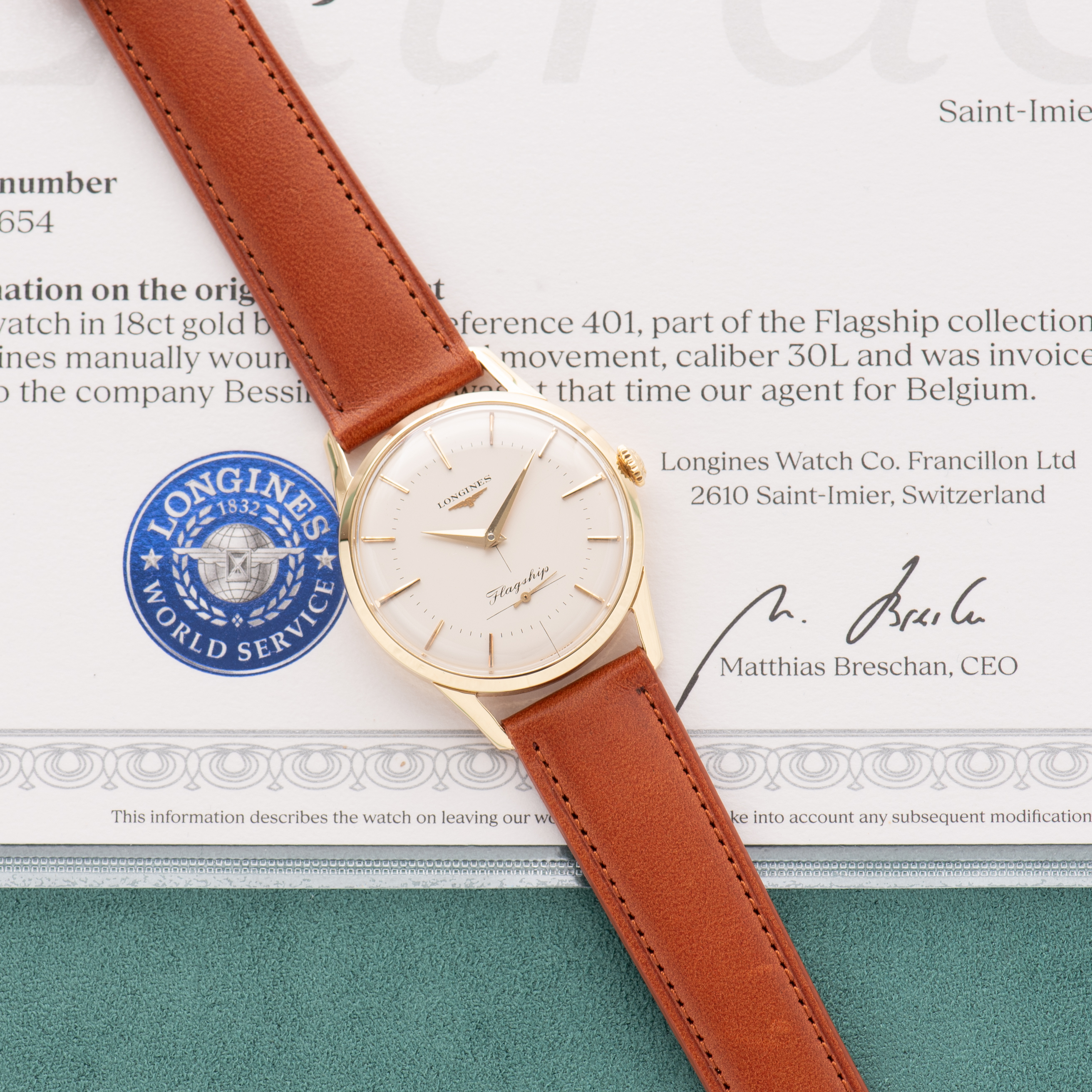 Zicht op Longines Flagship ref 401 Gold 18k 0,750 cal 30L + archiefextract